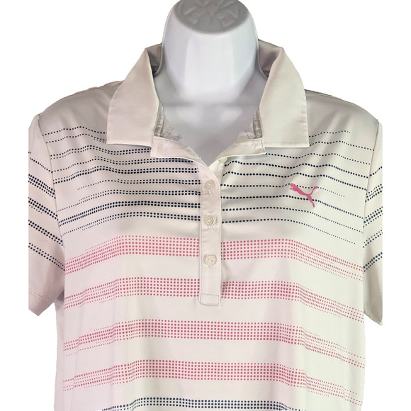 Puma Golf White Short Sleeve Polo Colorful Stripes Women's Size Large - Picture 2 of 4